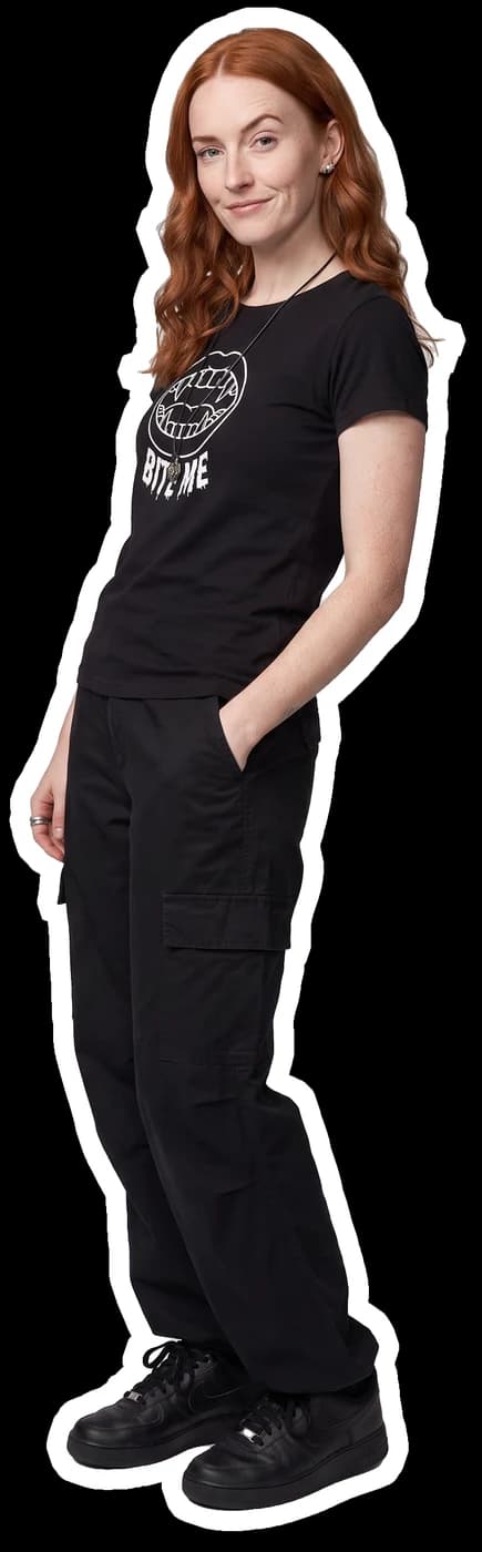 Sticker cutout of maeve wearing a Trashy T-Shirts tee